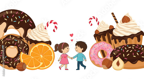 Cartoon children holding hands surrounded by giant pastries and fruit representing a world of sweets and fantasy.