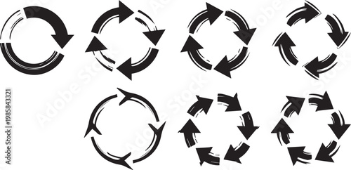 Circular Arrow Icons, Black Recycling Symbols, Vector Cycle Signs, Directional Arrows
