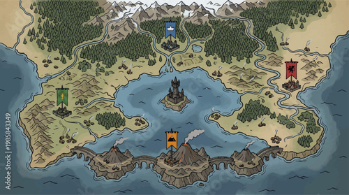 Fantasy world map vector, medieval kingdom landscape with castles, hand drawn adventure game map