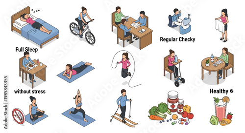 Isometric lifestyle icons depicting various healthy habits, fitness routines, and well-being practices, showcasing a balanced approach to life in a modern context, including rest, exercise, 