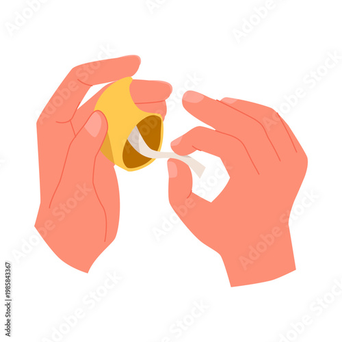 Two hands carefully open a fortune cookie, revealing a paper fortune inside, concept of luck and prediction, isolated on white background vector illustration