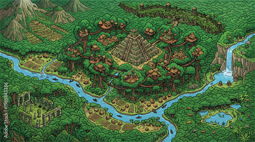 Pixel art jungle village with ancient stone pyramid, tropical forest landscape, game map vector