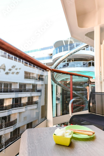 Cruise ship balcony with breakfast and ocean view 