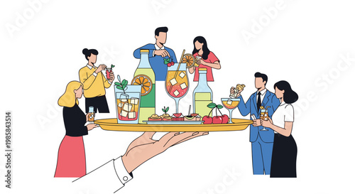 Waiter serving a tray of colorful alcoholic cocktails and appetizers to diverse guests at a formal social gathering.