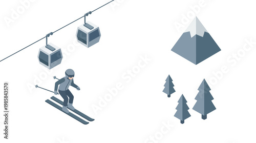 Isometric illustration of skier cable cars and mountains against white background