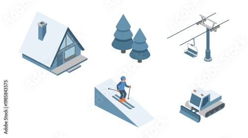 Isometric winter scene ski resort elements featuring cabin trees and lift