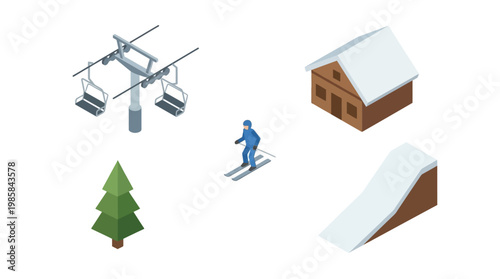Isometric winter scene skier ski lift cabin tree and snow ramp isolated illustration