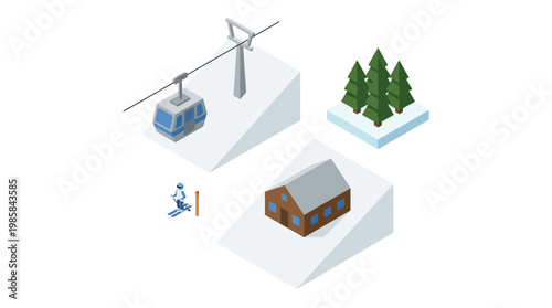 Isometric ski resort illustration cable car trees ski lodge and snowboarder