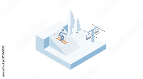 Isometric illustration of skier descending snow slope with ski lift and trees