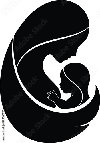 Artistic vector illustration of mother breastfeeding infant child in a circular composition.