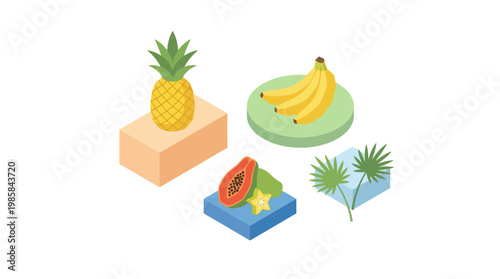 Isometric arrangement of tropical fruits pineapple bananas papaya palm leaves