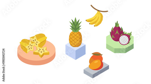 Isometric fruit illustrations pineapple banana starfruit dragon fruit and mango