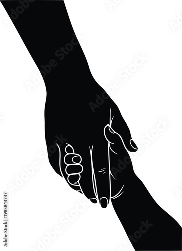 Black and white vector illustration of large hand holding a smaller child hand on background.