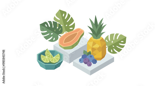 Isometric fruits composition with pineapple papaya berries and leaves in vivid colors