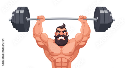 A strong, bearded man is lifting a heavy barbell overhead, showcasing the peak of physical strength and workout in a vibrant, cartoonish style; fitness and gym