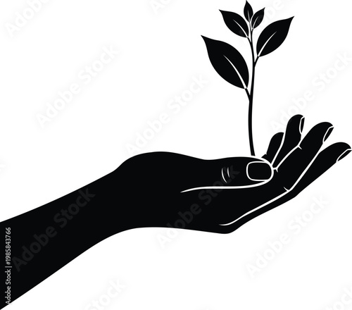 Hand holding small plant with leaves. simple gesture of care and new beginnings vector illustration.