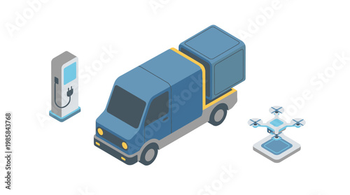 Isometric delivery van with drone and charging station technology and transportation