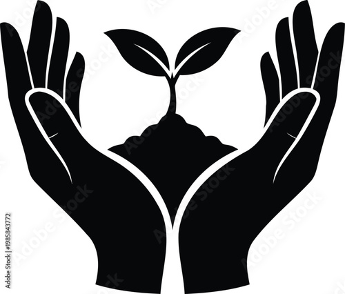 Hands holding small plant with two leaves in soil. concept of nature care and growth vector illustration.