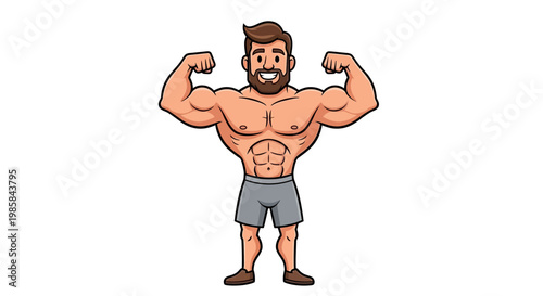 Cartoon Muscular Man Flexing Biceps Muscles Showing Six Pack Abs in Athletic Shorts Isolated on White Background Representing Fitness and Strength