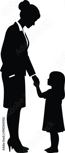 Silhouette vector illustration of mother and daughter holding hands standing facing together.