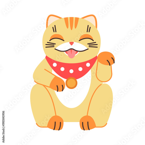 Smiling maneki neko cat with red collar and gold bell, symbolizing good fortune and prosperity, isolated on white background vector illustration