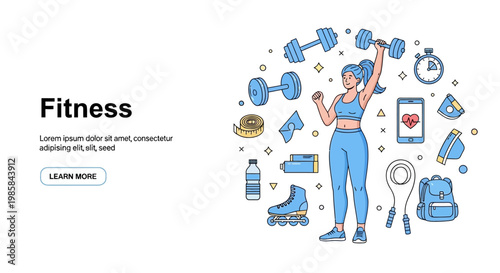 Healthy Woman Exercising With Dumbbell Surrounded By Sports Equipment And Health Icons Promoting Active Lifestyle And Wellness Concepts