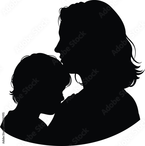 Silhouetted mother embracing her child in a close profile vector illustration for motherhood.