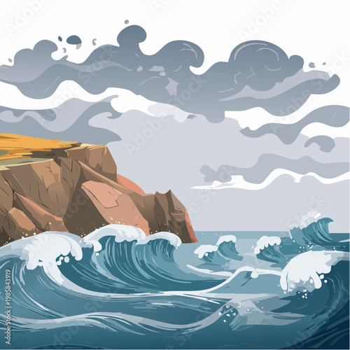 Eine dramatische, zerklüftete Küstenlandschaft mit rauen Felsen, gegen die gewaltige Wellen donnern. 