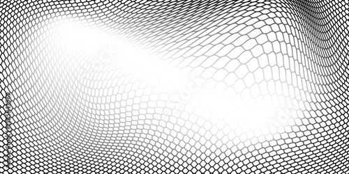 Abstract black and white mesh wave background with flowing grid lines and depth distortion, modern futuristic vector design for digital, print, and technology projects