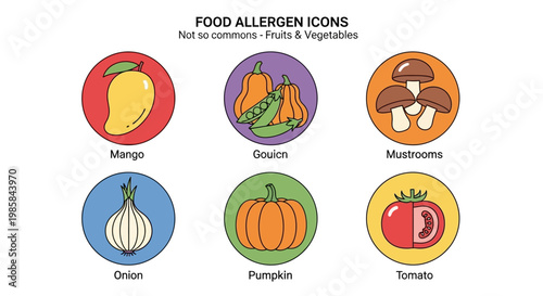 Collection of six colorful round icons representing common food allergens including mango squash onion pumpkin mushrooms and tomato for dietary