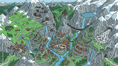 Fantasy medieval mountain kingdom map, hand drawn alpine village vector, fairytale castle landscape