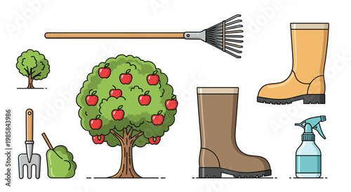 Orchard theme illustration with a fruit-laden apple tree, garden rake, watering spray, and sturdy rubber boots for farm work.