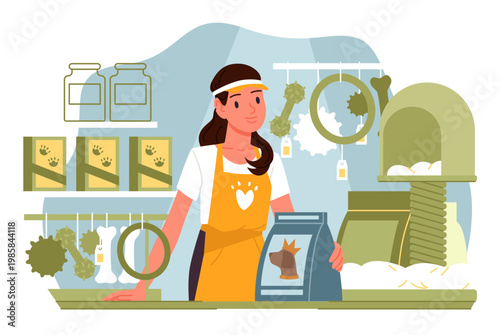 Female employee stands at pet shop counter surrounded by pet food, toys, and accessories, offering a variety of animal care products, isolated on white background vector illustration