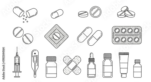 Detailed black and white vector set showcasing various medical icons, including pills, capsules, blister packs, a syringe, thermometer, bandages, medication drops, ointment tubes, and medici