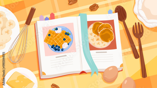 Colorful isolated recipe book showing breakfast waffles and pancakes on a kitchen table vector illustration
