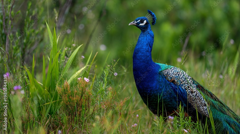 Fototapeta premium Peacock standing in grassy field with natural vegetation