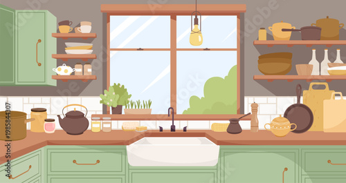 Charming rustic kitchen scene with green cabinets, open shelves, and natural light isolated vector illustration