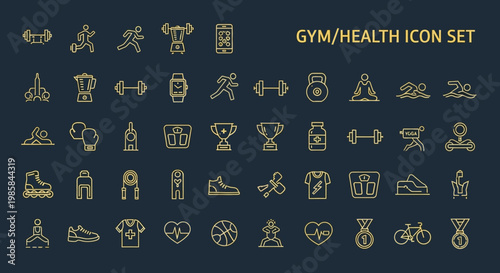 A comprehensive and artistic vector icon set on a dark blue background, portraying various elements related to gym, fitness, health, and wellness, represented in a minimalistic outline style
