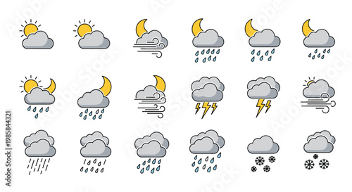 Comprehensive set of eighteen weather icons showing different conditions like sun, clouds, rain, snow, wind, and lightning for a forecast application.