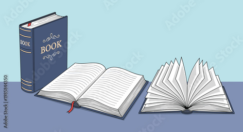 Set of three blue books in different states including a closed book standing, a partially open book, and a book with pages fanning out on a desk.