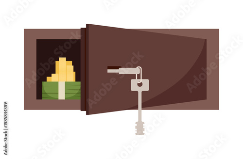 Secure open safe containing cash and gold coins with key on white isolated background vector illustration