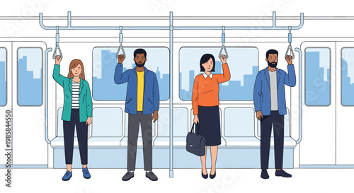 Diverse group of commuters standing on a subway train holding handles and wearing casual clothes with the city skyline visible through the windows.