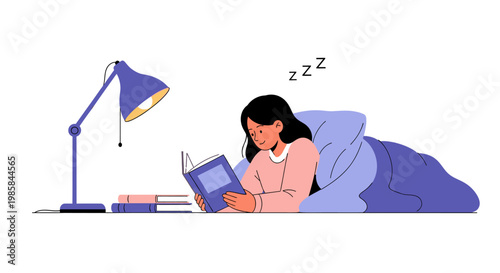 A girl reading a book while lying in bed at night. EPS Editable. Vector Illustrations.