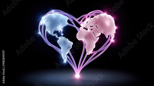 A digital illustration of a heart-shaped globe, symbolizing love and connection between continents, with vibrant colors and glowing lines.