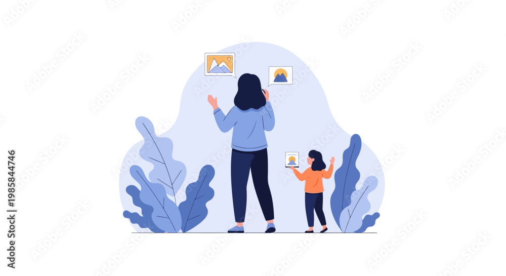Obraz premium A woman and a young child interacting with floating digital interface elements. EPS Editable. Vector Illustrations.