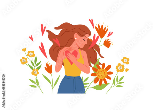 Young woman holding heart to chest, surrounded by blooming flowers and hearts, expressing self-love, happiness, and positive emotions, isolated on white background vector illustration