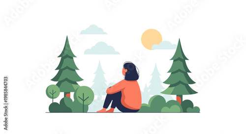 A solitary woman sitting and relaxing in nature. EPS Editable. Vector Illustrations.