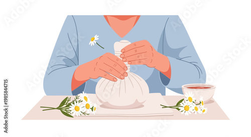 A therapist preparing an herbal compress ball for a traditional spa massage treatment. EPS Editable. Vector Illustrations.