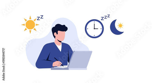 A tired person working late on a laptop with sun and moon icons indicating time. EPS Editable. Vector Illustrations.