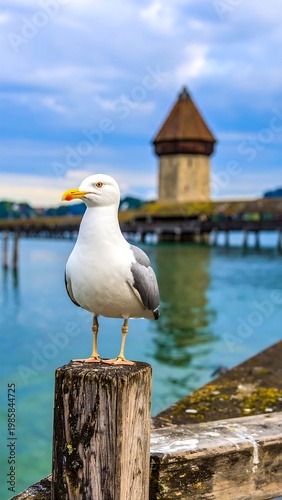 A seagull perches on a wooden post with a historic, wooden bridge and tower in the background, by a serene body of water